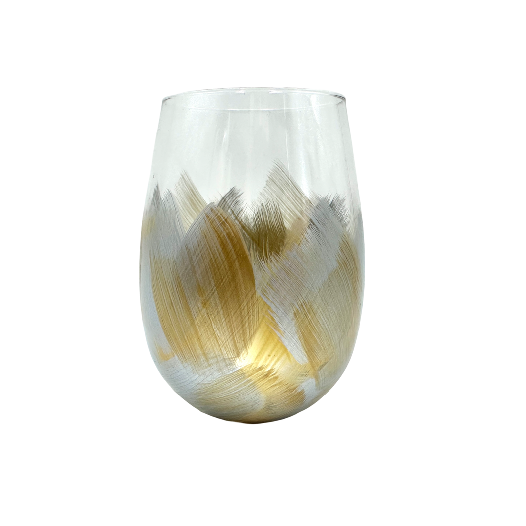 Hand Painted Stemless Wine Glass | Silver & Gold