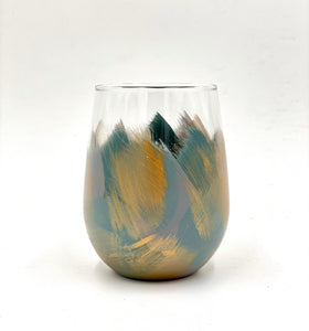 Hand Painted Stemless Wine Glass "Artsy Blue Green"