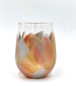 Hand Painted Stemless Wine Glass "Artsy Silver Gold Blush"